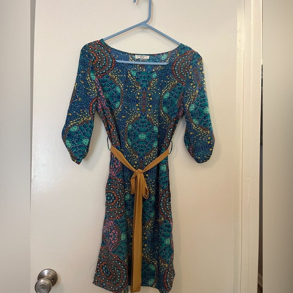 Ezra Multicolor 3/4 Sleeve Dress with Yellow Belt Tie size M